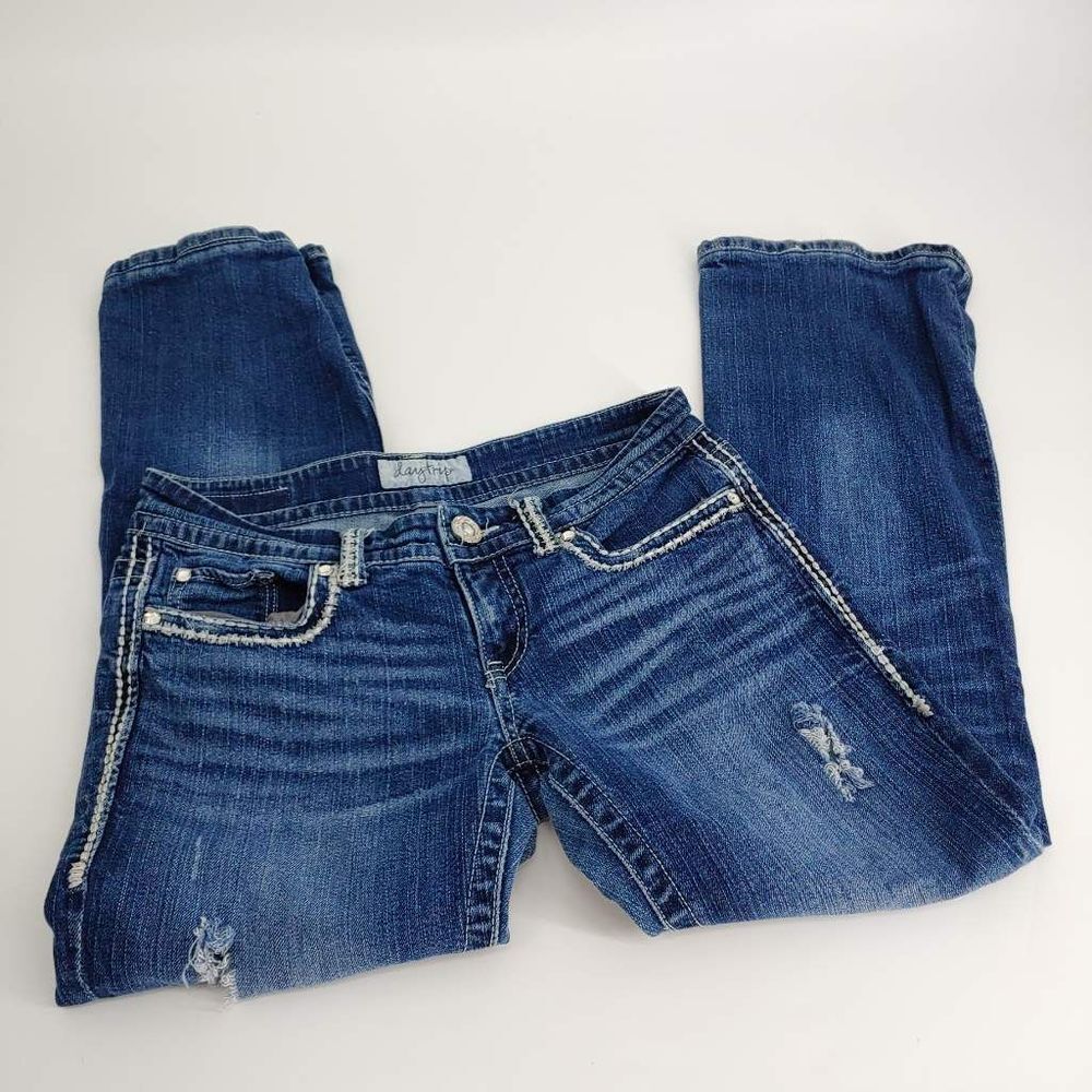 Daytrip Jeans Womens 28 Aquarius Flare Blue Flap Bling Distressed Bootcut Hemmed